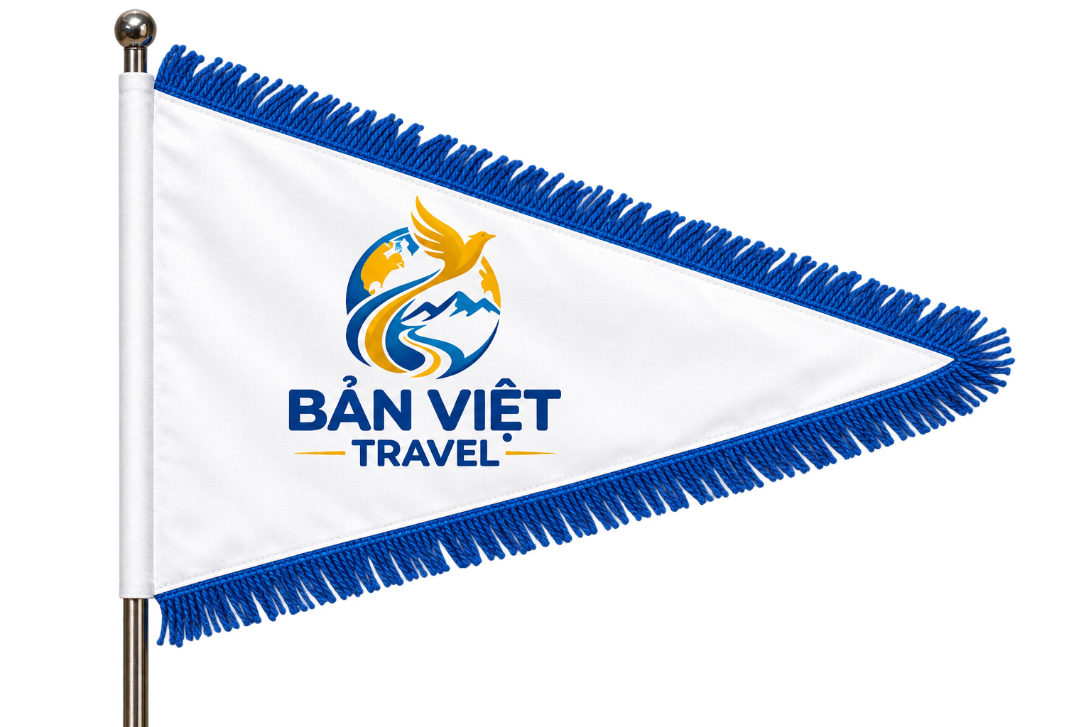 Cờ dẫn tour Bản Việt Travel nền trắng, viền tua rua xanh dương